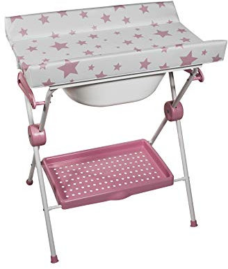PLASTIMYR Bañera Cambiador Bebe Plegable LEA - Cambiador con Bandeja Organizadora y Patas Antideslizantes – Bañera Plegable Bebé Viaje Seguro y Compacto - Estrellas Rosa
