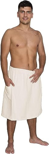 HAMUR HOME Asciugamano Da Sauna Kilt Da Uomo Sauna Pareo Spa Asciugamano Da Bagno Asciugamano Inclinabile Con Chiusura A Rete Al Ginocchio Spugna 100% Beige Chiaro Ecre Cotone Naturale (S/M)