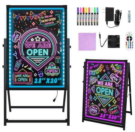Hosim Standing A-Frame LED Message Writing Board 28”x 20, Neon Signs Chalkboard Menu Board, 16 Colors Light Board, LED Drawing Sign Board, LED Note Board with Colors for Christmas Light Up Sign