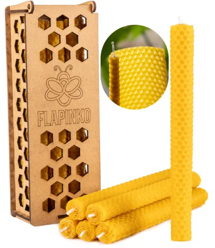 Beeswax Candle Set Taper FLAPINKO Handmade, 6 pcs | 100% Pure,Organic,Natural,Cotton Wick | Honeycomb Texture | Real Bees Wax Candles Gift Set with Wooden Box|Premium, Dinner,Bistro