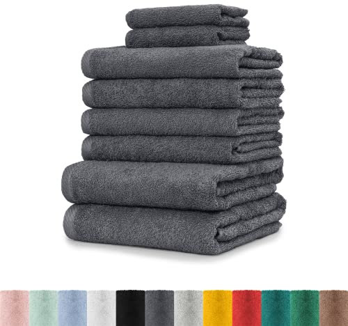BaSaTex - 8er Pack Handtuch Komplett-Set - Frottee-Handtücher mit Aufhängeschlaufe 4X Handtuch, 2X Duschtuch, 2X Gästetuch - Premium Gästetücher Öko-Tex Standard 100 Zertifiziert - Anthrazit