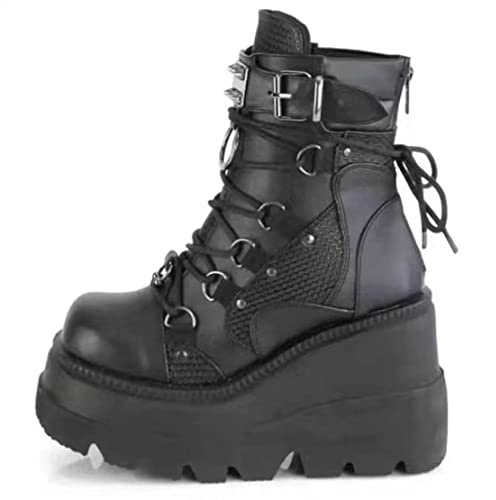Ulalaza Stivali a tubo medio con suola spessa Stivali con suola spessa da donna Stivali corti punk Altezza tacco alto heel10CM / 4INCH Stivali da cavaliere con catena da motociclista
