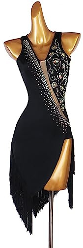 PONNYC Outfit da Sala da Ballo di Latino per Le Donne Vestito da Ballo di Prestazione di Salsa di Fringe Costumi di Cha Cha Abiti da Ballo con Strass Gonna di Tango di Divisione Laterale,Nero,XXL