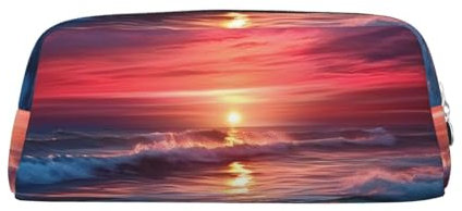 Ocean Tide at Warm Twilight Bedrucktes Leder Federmäppchen Tragbare Reise Make-up Tasche Große Kapazität Kulturbeutel Reißverschluss Aufbewahrungstasche für Frauen Mädchen, silber, Einheitsgröße,