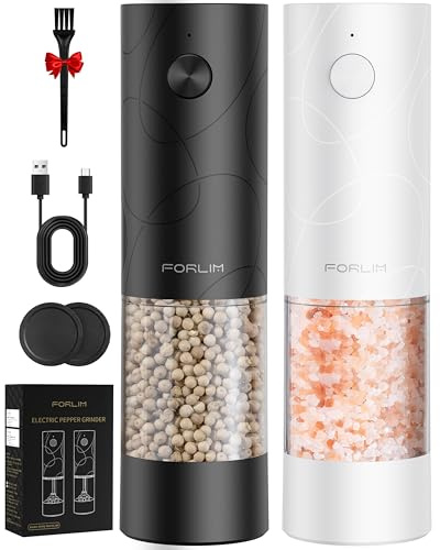 FORLIM Electric Salt and Pepper Grinder Set, USB Rechargeable, Automatic Salt Pepper Mill Grinder with Dust Cover, One-Button Control, Adjustable Coarseness, White LED Light (2 Packs, Black&White)
