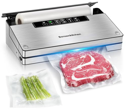 Bonsenkitchen Macchine Sottovuoto Alimenti, 5 Modalità di Sottovuoto Alimenti, 8 L/min, Tecnologia Globefish per Lavoro Continuo ad Alta Velocità, Vuoto Veloce, Stoccaggio Rotoli con Taglierina, 125W