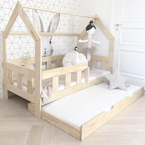 Milo Hausbett 120x200 Mit Rausfallschutz Naturholz - Kinderbett Mit Bettkasten - Gemütliches Bett für Kinderzimmer - Stabiles Mädchenbett