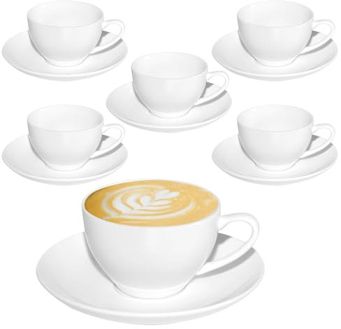 AZKEEGREY 6 Stück Cappuccino Tassen Set 170 ml, Weiß Kaffeetassen mit Untertassen, Cappuccinotassen Porzellan Spülmaschinenfest Milchkaffee Tassen