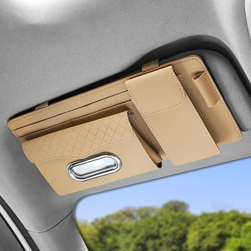 Flaconi Accesorios Coche Interior,Organizador De Visera Solar para Coche,Gadgets Coche,Organizador de Parasol de Coche con Cremallera para Tarjetas,Carné de Conducir,Bolígrafos,Documentos(Beige)