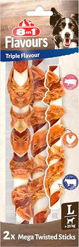 8in1 Triple Flavour Mega Twisted Sticks - Bastoncini da masticare grandi con filetto di pollo, pelle di maiale e manzo, sacchetto da 140 g (2 pezzi)