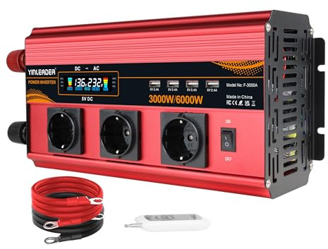 Yinleader 12v 220v 3000W växelriktare fjärrkontroll 4 x USB och LCD 3 AC-uttag