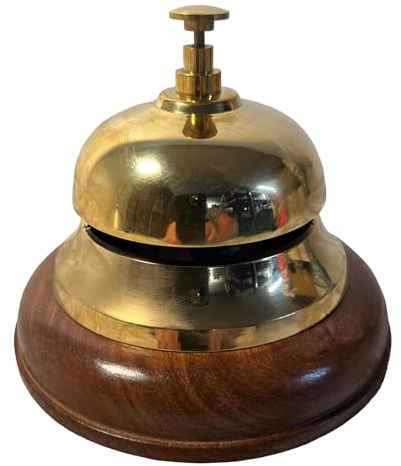 Elegant Brass Reception Desk Bell with Wooden Base – Ideal for Hotels, Schools, and Restaurants (12cm W x 10cm H)