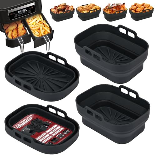 Alyvisun Silikonform för Luftfritös, 4 Stycken Silikongrytor för Airfryer Återanvändbara Silikonfoder Luftfritöskorg Rektangulär Vikbar Silikonbakform för Air Fryer, Mikrovågsugn, Ugn (Svart)