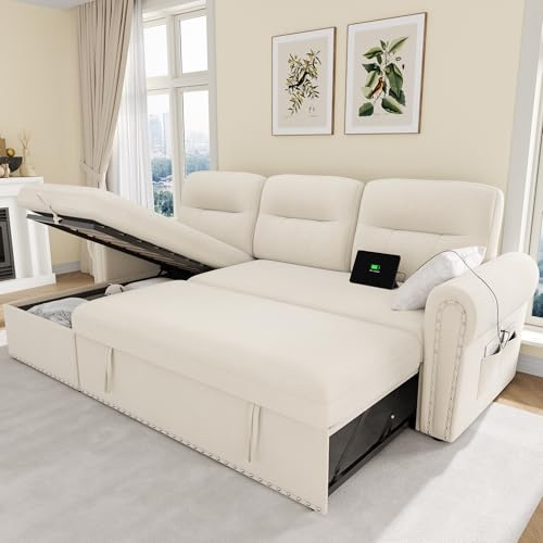 Sleeper Sofa Bed, 87'' Pull Out Couch Bed with Reversible Storage Chaise & Nailhead Armrest, Sectional Couches for Living Room, Side Pocket & Charging Station, Removable Backrest, Velvet Fabric, Beige