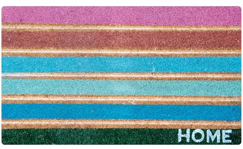 Comart - Zerbino Rio in Cocco con Scritte e Disegni Incisi - 40x70 cm - Tappeto Colorato per Ingresso Esterno e Interno - Asciugapassi Antiscivolo - Regalo Casa Nuova - Scritta Home Righe Multicolor