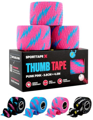 SPORTTAPE 3 Rotoli Nastro Pollice Sollevamento Pesi 3,8cm x 4,5m – Rosa | Nastro Grip a Uncino per CrossFit & Powerlifting | Anti-Sudore, Facile da Strappare, Protezione per Mani e Dita