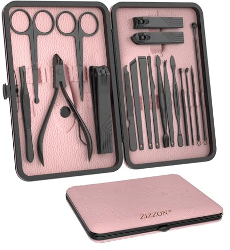 ZIZZON Kit de manucure et pédicure 18 en 1 avec étui de voyage en cuir (noir/rose)