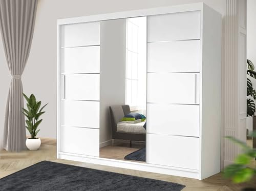 RAC3 Sliding Wardrobe with Mirror & Drawers for Bedroom – Modern Storage Cabinet Organizer – Space Saving Closet Unit – Stylish Design for Home Interiors (White, 250cm)
