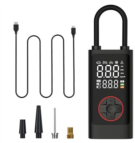 Onherm Compressore Aria Portatile, Pompa Bicicletta Elettrica 10.3 Bar/150PSI con Tutte Le Valvole, 5 Modalità, Mini Compressore Portatile con Luce LED per Auto, Bici, Moto, Scooter, Pallone