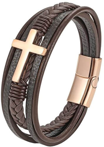 Mochity Läderarmband för män, kors korsfästelse, vikingarmband i rostfritt stål, armband för män, med presentförpackning, 21cm, läder, Rostfritt stål