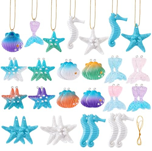 PH PandaHall 32pcs 5 Styles Beach Charm Ornaments Ocean Themed Resin Charms Shell/Starfish/Mermaid Tail/Sea Horse Pendants with Hanging Rope for Summer Party Wedding Decoration DIY Crafts Making
