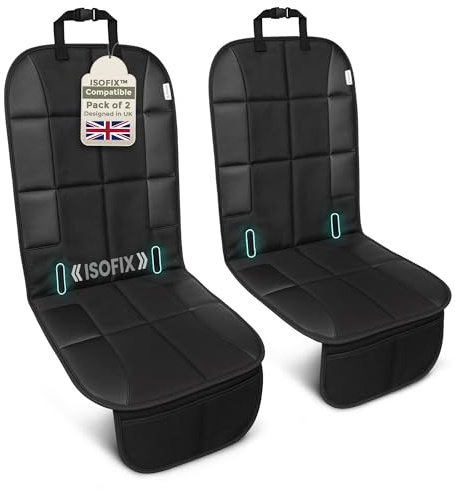 SOVARA Car Seat Protectors for Child Seats (2 Pack) – Customised for isofix car seats for 0-12 years, durable waterproof 600D fabric, car seat protector with 2 storage pockets for baby accessories