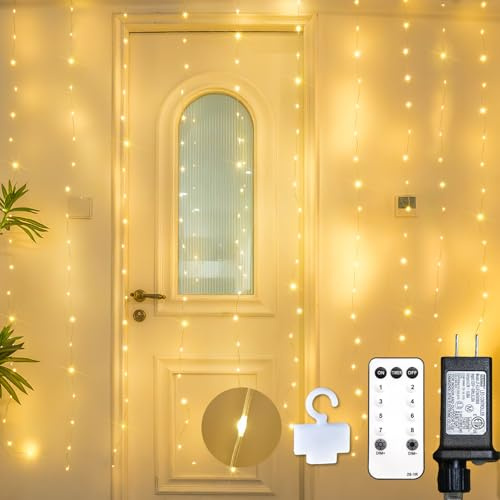 suddus Tangle-Free Curtain Lights,200 LED 6.5x6.5ft Hanging Lights with Hooks, Curtain Lights for Bedroom,Christmas, Dorm, Wall, Backdrop, Window, Wedding, Party, Birthday Decor, Warm White