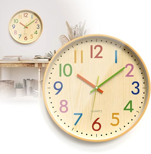 Orologio da parete per bambini, 30 cm, orologio da parete per bambini, senza ticchettio, funzionamento a batteria, orologio decorativo in legno, con numeri arabi colorati, silenzioso, per ragazzi e