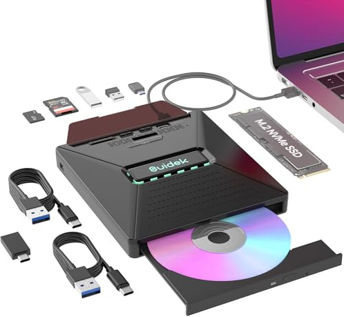 SUIDEK Externes CD DVD-Laufwerk für Laptops, tragbarer 7-in-1-CD DVD +/-RW-Brenner mit M.2 NVMe-Schnittstelle, SD/Micro SD- Kartenslots und USB A Typ C 2.0, kompatibel mit Laptops,PC,Mac,Windows,Linux