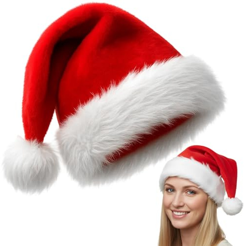 JORcadis Santa Hat, Classic Red and White Plush Christmas Hat for Adults, Festive Holiday Headwear for Christmas Parties, Family Gatherings and Xmas Decorations, One Size Fits Most