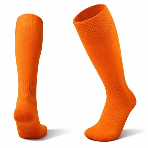 1STLY Fitness – Calze alte al ginocchio, 1 paio di calzini da bambino, taglia 32 – EU37, per bambini, calcio, hockey, rugby, sport, antisudore, antiscivolo, tinta unita, Arancione, 32-37