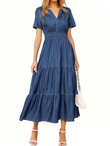 Simplee Womens Summer Denim Dress - Casual Short Sleeve V Neck Empire Waist Boho Flowy Western Jean Maxi Dresses with Pockets,Dark Blue L