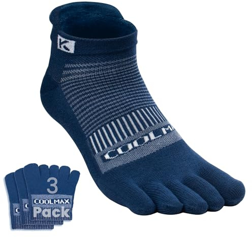 KWUKOTY Cushioned Compression Ankle Running Toe Socks COOLMAX, 3 Pairs Blue Men & Women Size 9-12