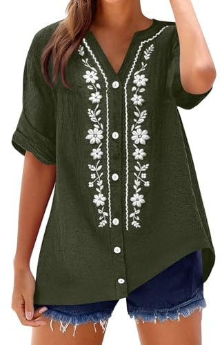 Générique Chemisier Long Femme Chic et Élégant Tunique Brodé Bohème Chemise Lin Oversized Chemise Hawaïenne Été Blouse Broderie Pétale Chemisiers Coton Fluide Hauts Plage Tops Vert XL