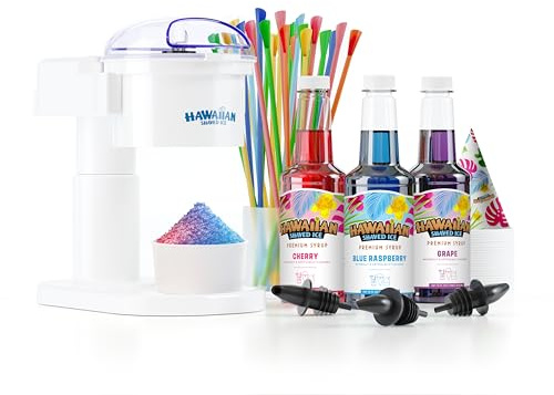 Hawaiian Shaved Ice S700 Kid-Friendly Snow Cone Machine Kit with 3-16oz. Syrup Flavors: Cherry, Grape, and Blue Raspberry, Plus 25 Snow Cone Cups, 25 Spoon Straws, and 3 Black Bottle Pourers