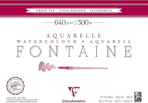 Clairefontaine 96358C akvarellblock Fontaine (finkornig, 100% herr, 640 g, 10 blad, hög rivbeständighet, för konstnärer, med höga krav, idealisk för näsdukar, 26 x 36 cm) vit
