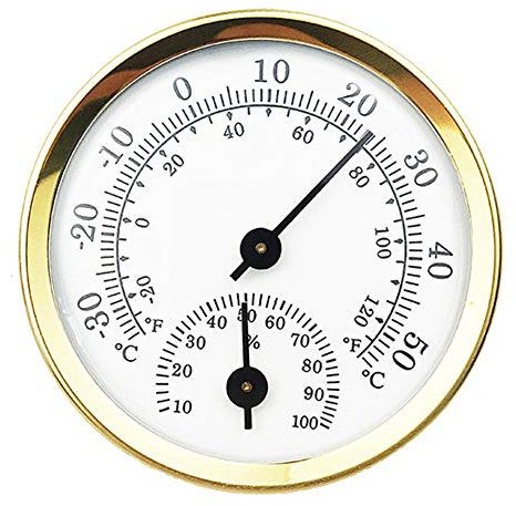 KANUBI Mini termómetro analógico, termómetro, higrómetro e higrómetro, termómetro, mini puntero, termómetro, higrómetro de aleación de aluminio, base de plástico, lente de plástico