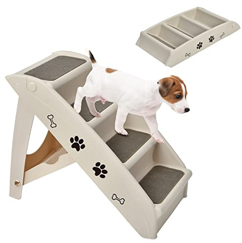 COSTWAY Scaletta Pieghevole per Animali, Scala di Plastica con 4 Gradini per Interno ed Esterno, con Feltro Morbido, Ideale per Animali di Piccola e Media Taglia, Capacità di Carico: 60 kg (Beige)