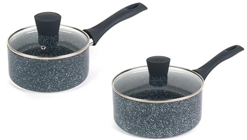 Russell Hobbs COMBO-7516A Nightfall Stone kastruller – 2-delat set, 16 cm och 20 cm kastrull set med glaslock, non-stick, lätt att rengöra, PFOA-fri, bakelit mjuka beröringshandtag, laga mat med lite