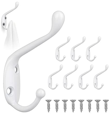 GOTRUST Prong Wall Mounted Hooks, 8Pcs Vintage Clothes Hooks for Coats, White Double Door Hook with 16Pcs Screws, Metal Bathroom Hanger Hook for Towel Hat Keys Bag