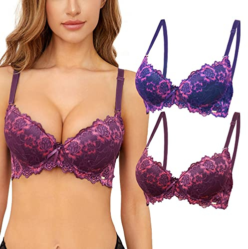 SHEKINI Soutien Gorge Push Up en Dentelle Soutien-Gorge avec Armatures Coussinet Rembourré Fixe Bretelles Réglables Confort T-Shirt Bra 2 Pièces（Bleu-Violet,95B）