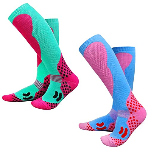 2 Paar Skisocken Kinder Unisex Active Ski Dicke verstärkte Skistrümpfe Polsterung kniehoch Warme Wintersocken Skifahren Thermosocken Funktionssocken 3-15 Jahren Junge Mädchen (Blau Pink-rot grün)