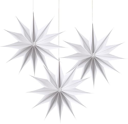 SUNBEAUTY Paper Christmas Decorations, 3Pcs 30CM 12-Pointed Star Christmas Tree Decorations, White 3D Hanging Paper Stars, Christmas Hanging Star Wedding Birthday Christmas Decorations