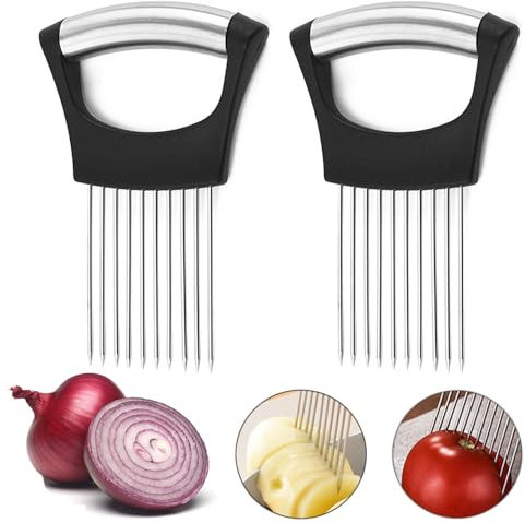 TRKETK 2 Pezzi Affettatrice per Cipolle, Portacipolla in Acciaio Inossidabile Portacipolla Tutto in Uno Affettatrice per Cipolle Assistente per Fette di Cibo Gadget da Cucina per Verdure Frutta Carne