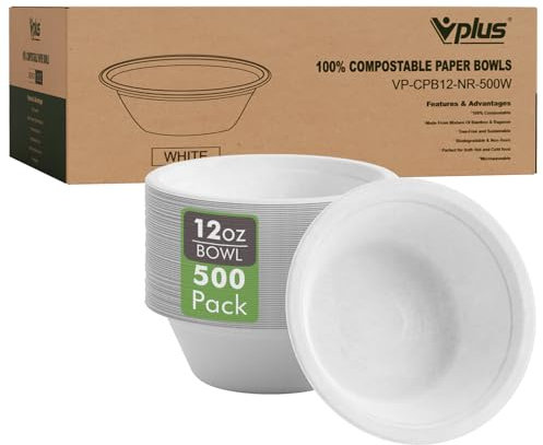Vplus 500 Pack 12 OZ Paper Bowls Bulk, Disposable Compostable, Eco-friendly Bagasse, Heavy-duty Bowls Perfect for Milk Cereals, Snacks, Salads