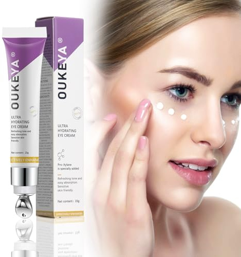 OUKEYA Augencreme für Dunkle Ringe & Schwellungen, Anti-Aging Faltenbehandlung mit Koffein, Vitamin E, Hyaluronsäure & Pflanzenextrakten, Feuchtigkeitsspendend, Reparatur mit Massage-Roller