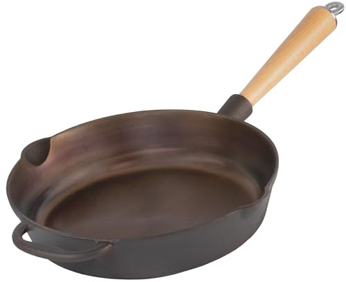 Mahlzeit Polierte Gusseisenpfanne 27 cm | Bratpfanne mit zwei Ausgießern | Grillpfanne mit Holzgriff, Universalpfanne, Feuerpfanne, Gusspfanne poliert | Bratpfanne, Hoher Rand, Steakpfanne
