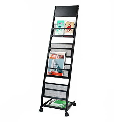 Zeitschriftenständer, 5 Taschen, Stahl-Literatur-Aufbewahrungsregale, 4 Räder, Zeitungs-Briefständer, schlanke Akten-Organizer-Halter