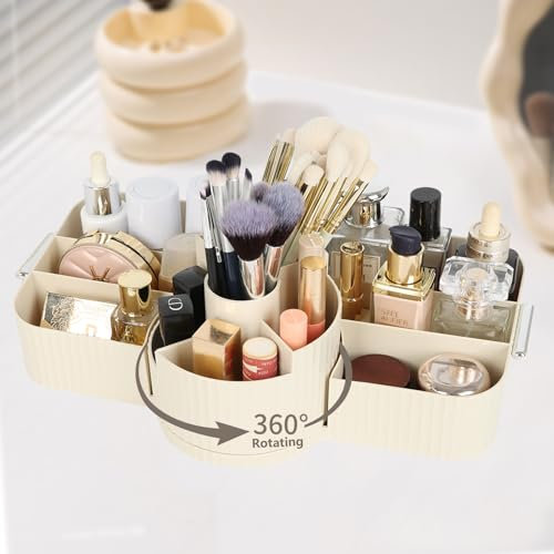 Cinnani Organizer Trucchi, Porta Trucchi Organizer Multifunzione, Compartimento e Rotante 360° 2 in 1 Porta Trucco Organizzatore, Makeup Organiser per Profumi, Skincare, Porta Pennelli Make Up (Beige)