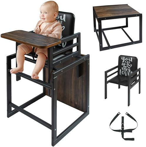 VILHA Premium Kinder Kombi-Hochstuhl, 2-in-1 Babystuhl aus Holz, der Praktische Hochstuhl Klappbar kann sich in Stuhl und Tisch verwandeln, Babyhochstuhl ab 6 Monaten bis 5 Jahre (Antrazit)